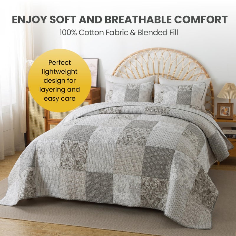 SLPR Silver Linings Cotton Quilt Set - Queen Size with 2 Shams, Neutral Pieced Patchwork Design, Country Silver Gray Quilted Comforter, Lightweight Summer Farmhouse Bedspread - Image 3
